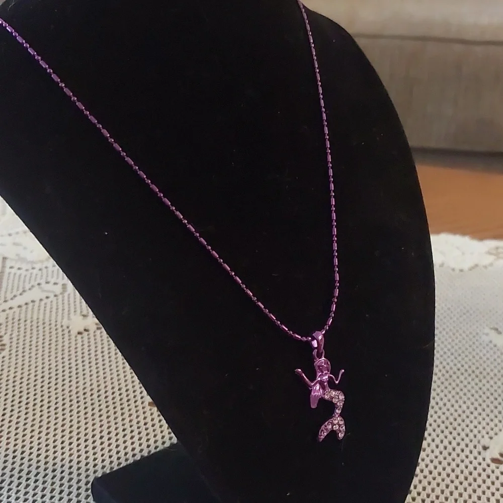Purple Mermaid Rhinestone Pendant Kids Necklace